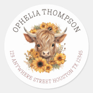 Sticker Rond Boho Highland Cow Baby shower Adresse de retour