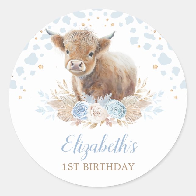 Sticker Rond Boho Highland Cow Floral Pampas Herbe 1er Annivers (Devant)