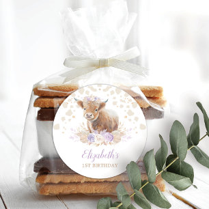 Sticker Rond Boho Highland Cow Violet Roses Floral 1er annivers