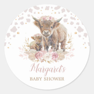 Sticker Rond Boho Highland Vache Floral Pampas Grass Baby Girl