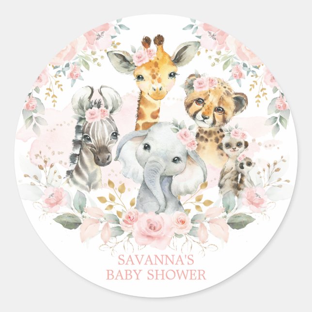 Sticker Rond Boho Jungle Animaux sauvages Rose Floral Baby Girl (Devant)
