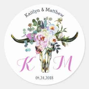 Sticker Rond Boho Longhorn Crâne Floral Mariage moderne Étiquet