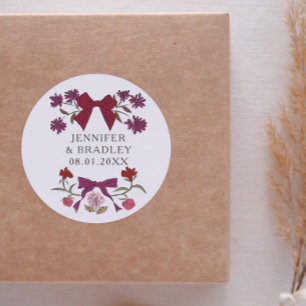 Sticker Rond Boho Magneta Ribbons Floral Wedding Favoriser