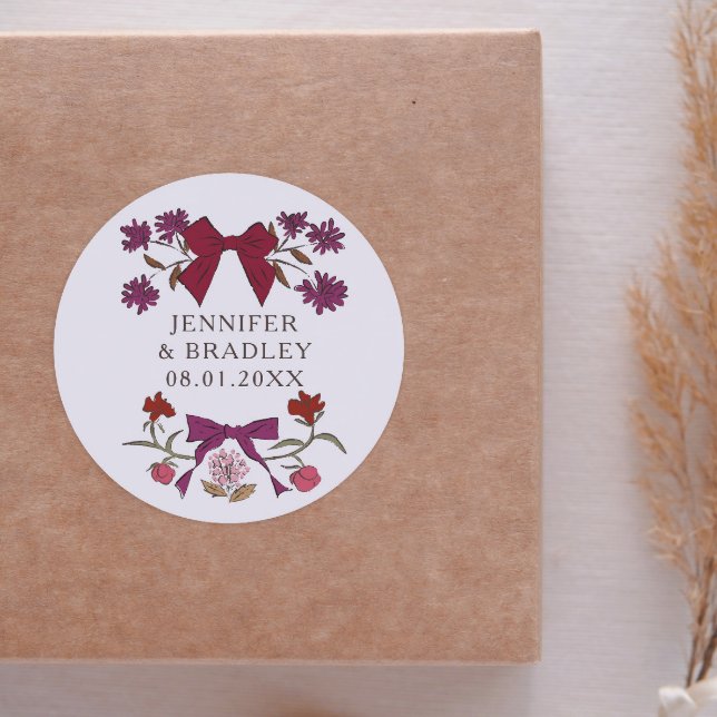 Sticker Rond Boho Magneta Ribbons Floral Wedding Favoriser (Créateur téléchargé)