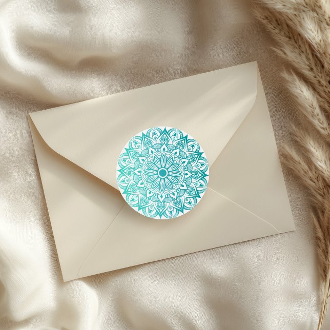 Sticker Rond Boho Mandala Turquoise (Boho Turquoise Mandala Classic Round Sticker on an elegant envelope.)
