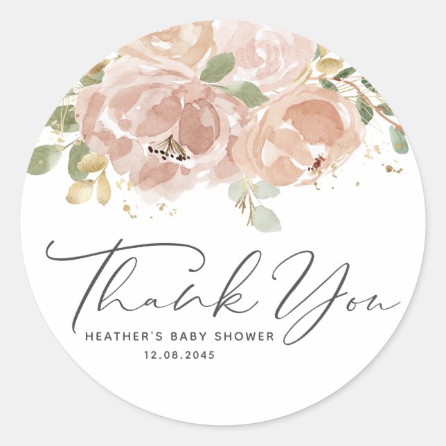 Sticker Rond Boho Mauve Peach Flowers Baby shower Merci (Devant)