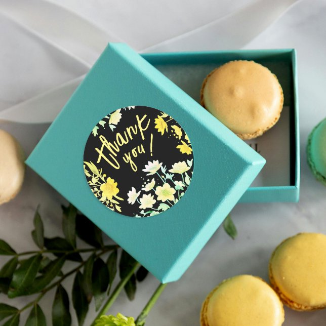 Sticker Rond Boho Merci Floral Vert Jaune Noir (Créateur téléchargé)