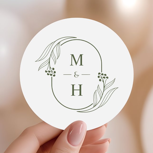 Sticker Rond Boho Minimalist Monogram  Olive Green Wedding  (Créateur téléchargé)