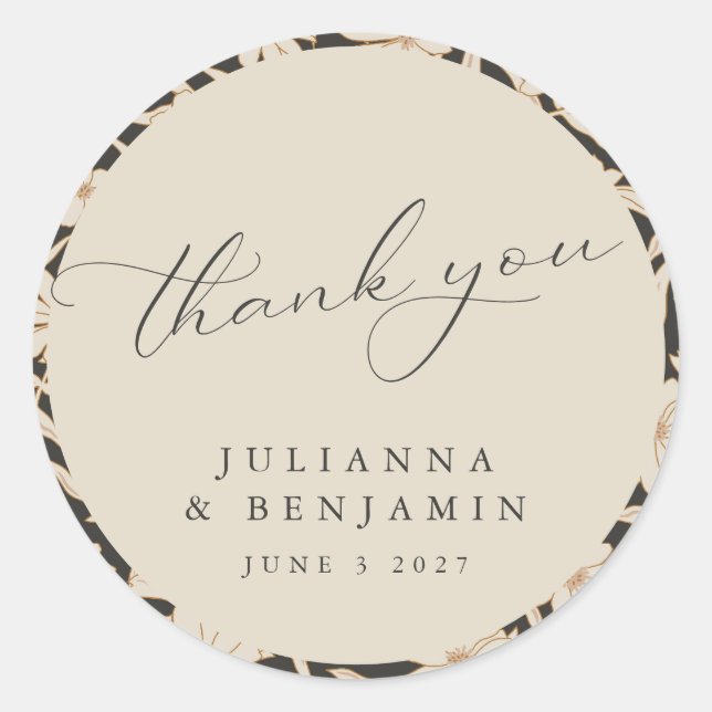 Sticker Rond Boho Moderne Botanique Mariage sur mesure Noir Ivo (Devant)
