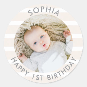 Sticker Rond Boho moderne Joyeux 1er anniversaire photo