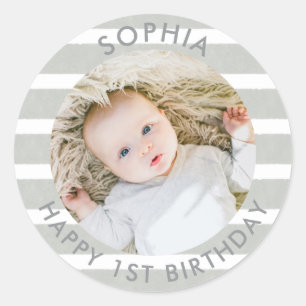 Sticker Rond Boho moderne Joyeux 1er anniversaire photo