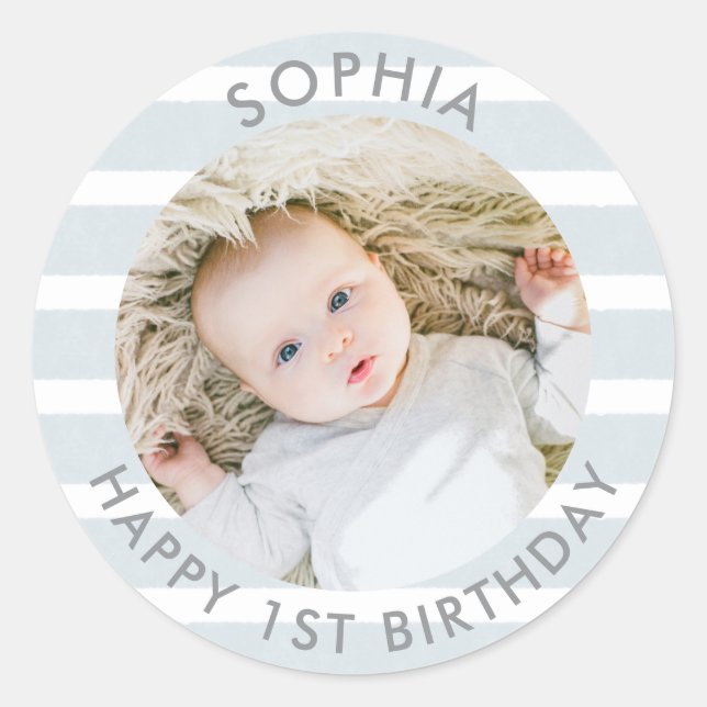 Sticker Rond Boho moderne Joyeux 1er anniversaire photo côte (Devant)
