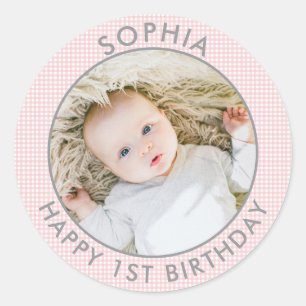 Sticker Rond Boho moderne Joyeux 1er anniversaire Photo mignonn