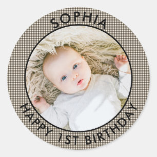 Sticker Rond Boho moderne Joyeux 1er anniversaire Photo mignonn