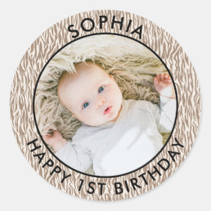 Sticker Rond Boho moderne Joyeux 1er anniversaire Safari photo