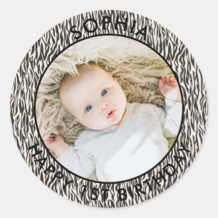 Sticker Rond Boho moderne Joyeux 1er anniversaire Safari photo