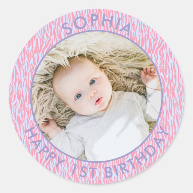 Sticker Rond Boho moderne Joyeux 1er anniversaire Safari photo (Devant)