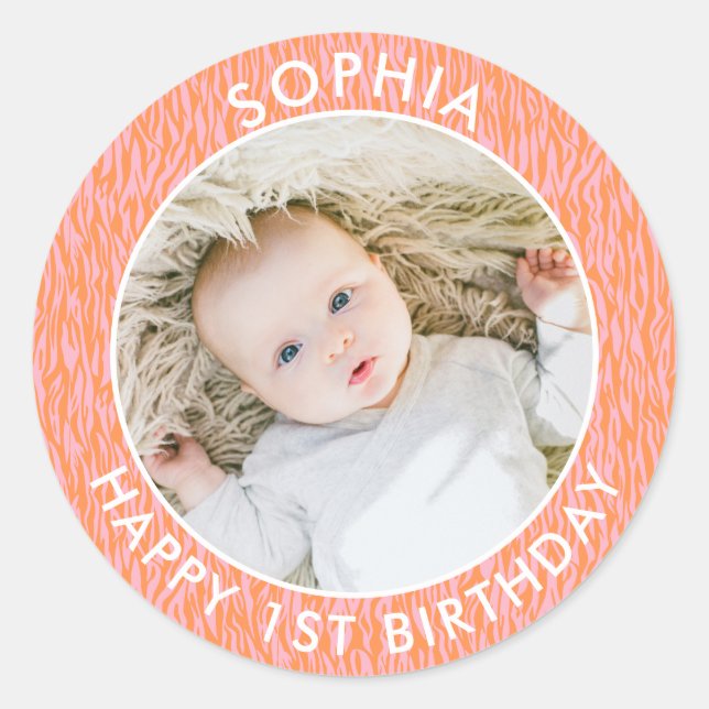 Sticker Rond Boho moderne Joyeux 1er anniversaire Safari photo (Devant)