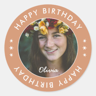 Sticker Rond Boho moderne simple élégante Joyeuse photo d'anniv