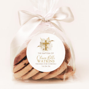 Sticker Rond Boho Neutral Séché Palm Floral Baptême Christening