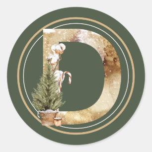 Sticker Rond Boho Noël Monogramme D avec arbre et Sucre de cann