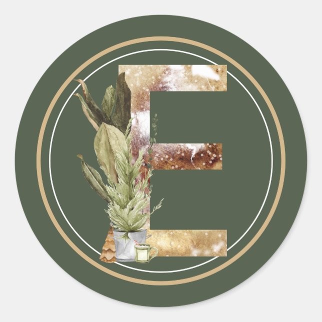 Sticker Rond Boho Noël Monogramme E avec arbre (Devant)