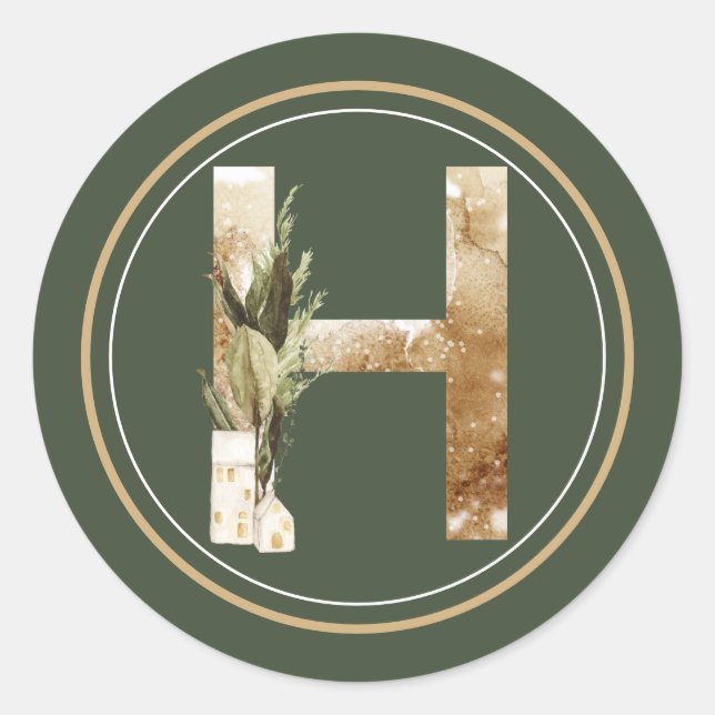 Sticker Rond Boho Noël Monogramme H avec Verts (Devant)