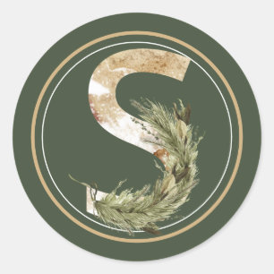 Sticker Rond Boho Noël Monogramme S avec verdure