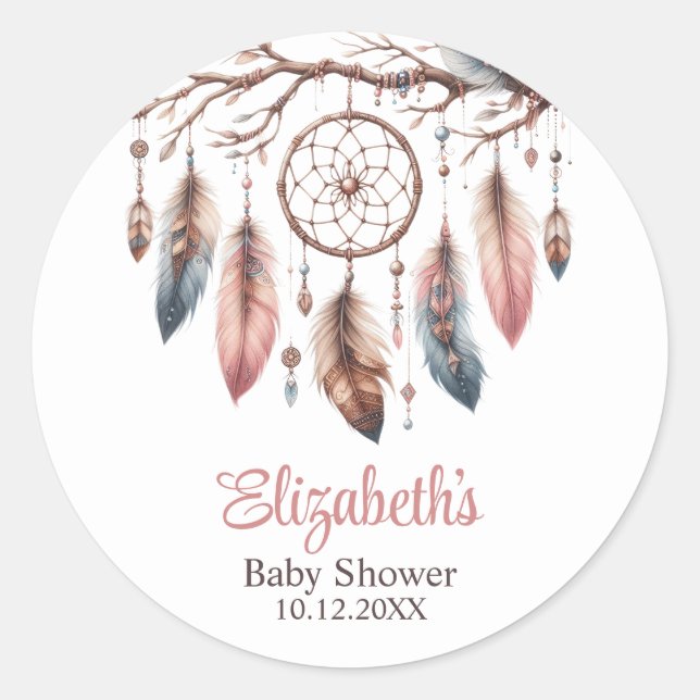 Sticker Rond Boho Nom personnalisé Baby shower Dreamcather (Devant)
