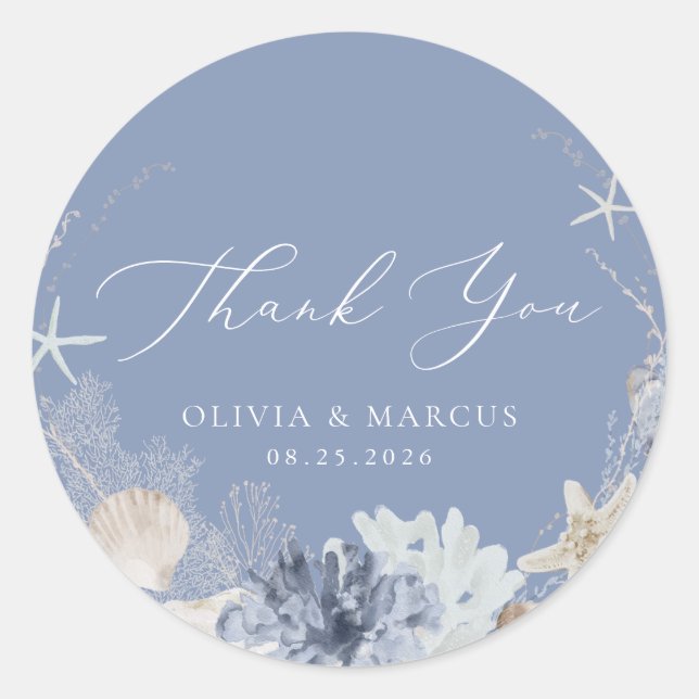 Sticker Rond Boho Ocean Beach Mariage bleu Merci Favoriser (Devant)