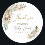 Sticker Rond Boho Or / Bohème Bohème Brunch Merci<br><div class="desc">Ajoutez le détail à votre baby shower grâce à cet autocollant de remerciement personnalisé. Ce bébé brunch merci autocollant design dispose de type script élégant avec un bel arrière - plan bohème botanique. Vous pouvez personnaliser le texte et la couleur du texte (votre nom et la date de l'événement). D'autres...</div>