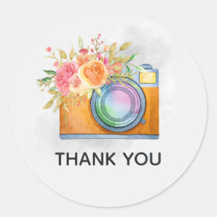 Sticker Rond Boho Orange Caméra & Bouquet Floral Aquarelle