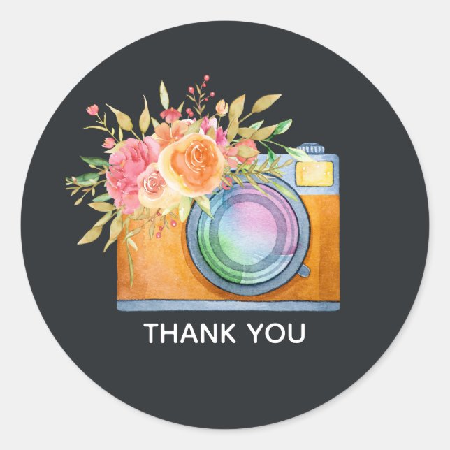 Sticker Rond Boho Orange Caméra & Fleurs Merci d'aquarelle (Devant)