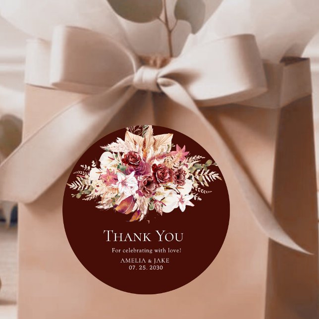 Sticker Rond Boho Pampas Burgundy Floral Round Wedding  (Créateur téléchargé)