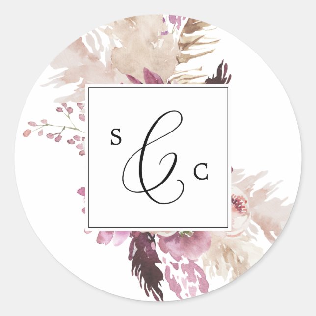 Sticker Rond Boho Pampas Grass Monogramme Mariage Enveloppe Pho (Devant)
