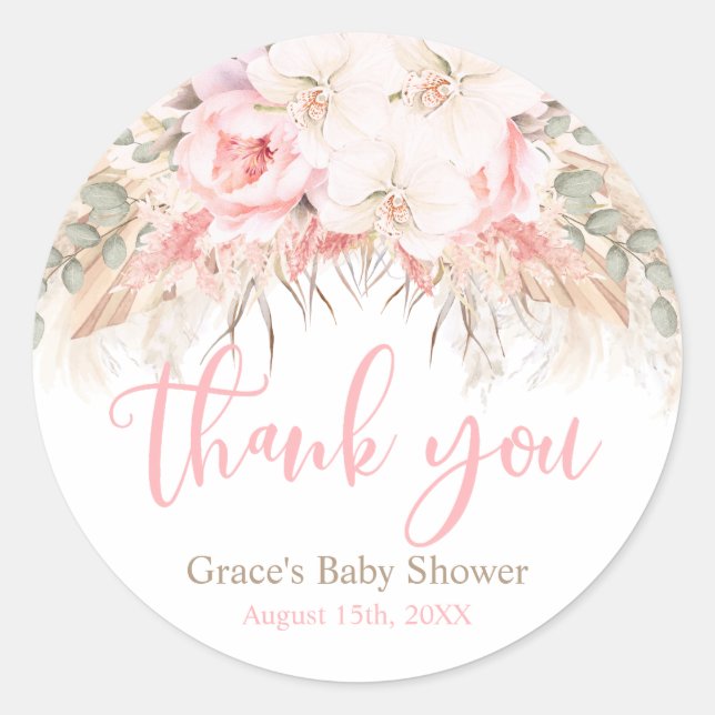 Sticker Rond Boho Pampas Orchidées Peonies Merci Baby shower (Devant)