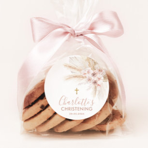 Sticker Rond Boho Pampas Rose Girl Floral Baptism Christening