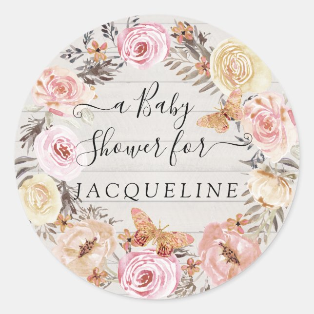 Sticker Rond Boho Papillon rose Blanc Bois Floral Wreath Baby (Devant)