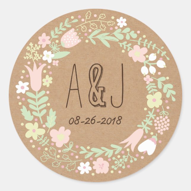 Sticker Rond Boho Pastel Floral Wreath Russe Mariage (Devant)