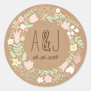 Sticker Rond Boho Pastel Floral Wreath Russe Mariage
