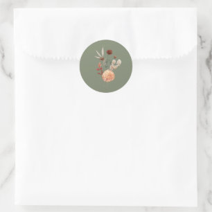 Sticker Rond Boho Pêche et Rouille Floral Vert Sauge Baby Showe