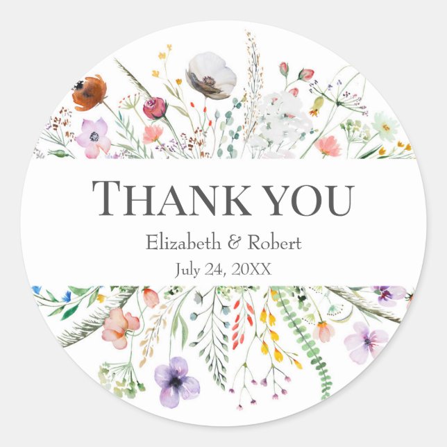 Sticker Rond Boho Prairie de Fleurs Ronde Mariage Merci (Devant)