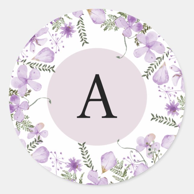Sticker Rond Boho Purple Fleurs Monogramme Enveloppe ronde Scea (Devant)