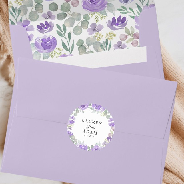 Sticker Rond Boho Purple Floral Couples Noms Mariage (Créateur téléchargé)