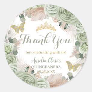 Sticker Rond Boho Quinceañera Sage Vert Floral Pampas Grasse