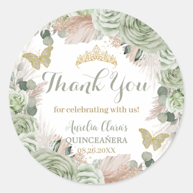 Sticker Rond Boho Quinceañera Sage Vert Floral Pampas Grasse (Devant)