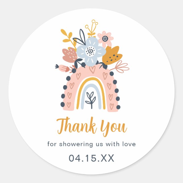 Sticker Rond Boho Rainbow Baby shower Floral Merci classique (Devant)