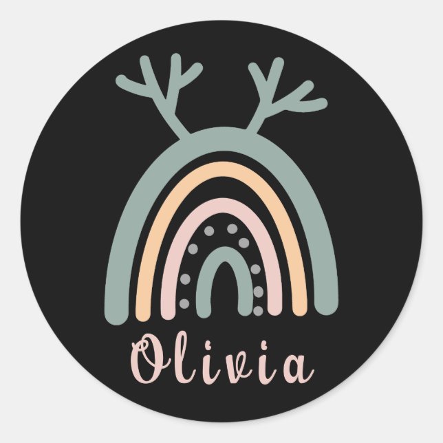 Sticker Rond Boho Rainbow Cute Avec Nom Personnalisé (Devant)