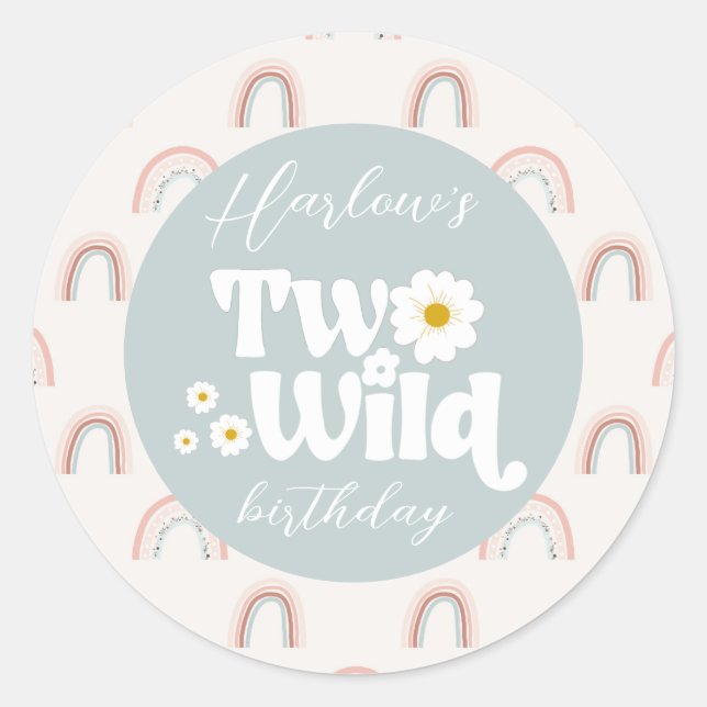 Sticker Rond Boho Rainbow Daisy Two Wild Girl's 2e anniversaire (Devant)