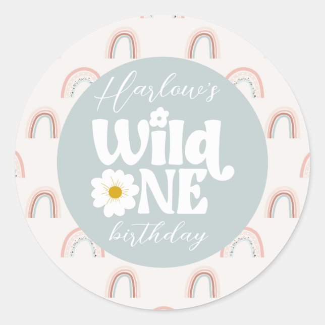 Sticker Rond Boho Rainbow Daisy Wild One Girl'anniversaire prem (Devant)